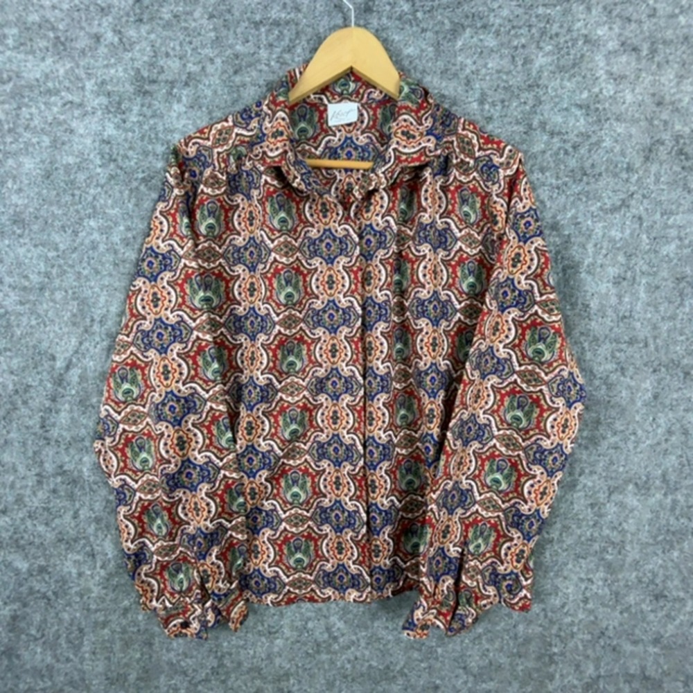 Vintage Koret Shirt Womens XL Red Blue Geometric Collared Long Sleeve Button Up